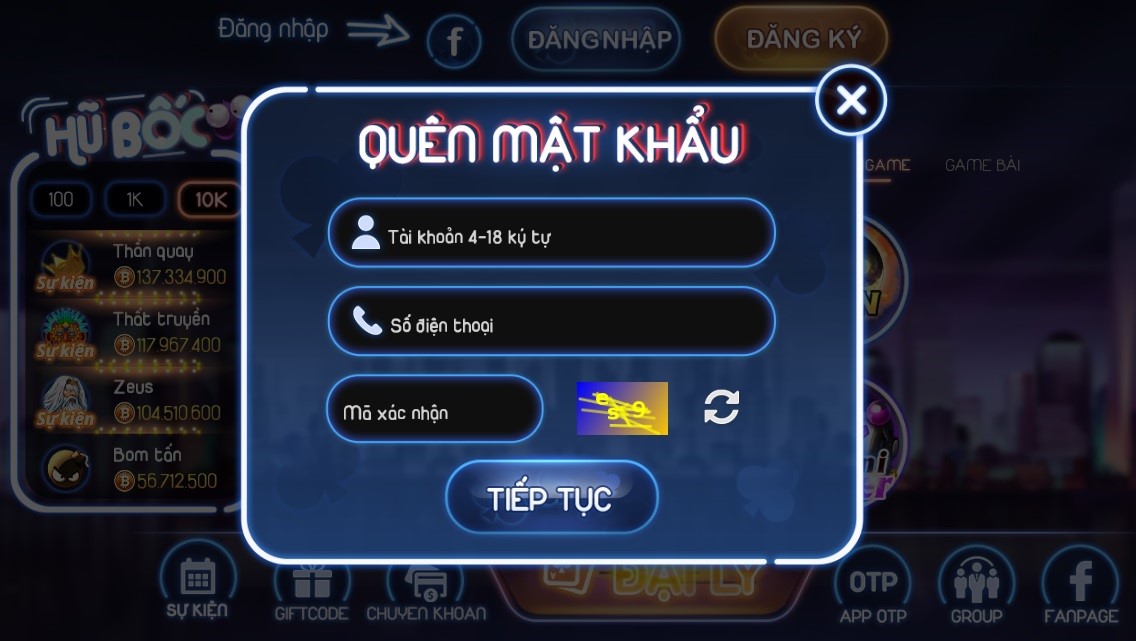 Cách lấy lại mật khẩu tại Bốc Club