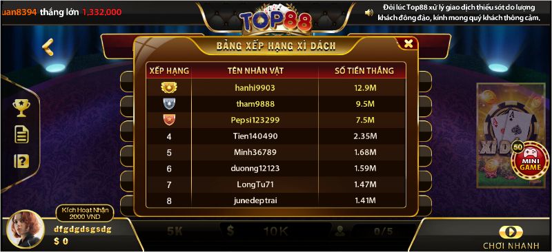 Hàng loạt cơ hội chiến thắng với số tiền lớn chỉ có tại Xì Dách Top88